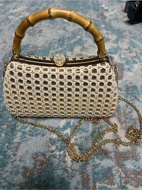 TOMMY BAHAMA Ivory Woven Clutch with Bamboo Handle and Gold Chain